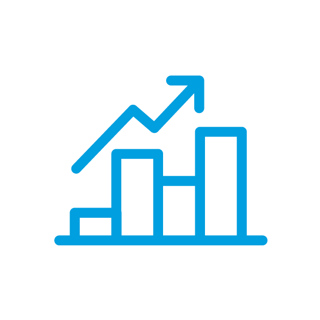 icon of a vertical bar chart and an arrow above the chart showing an upward trend