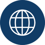 While globe outline icon with blue background
