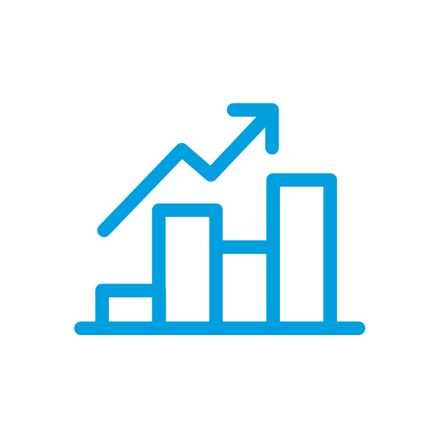 Blue bar chart with up arrow outline icon